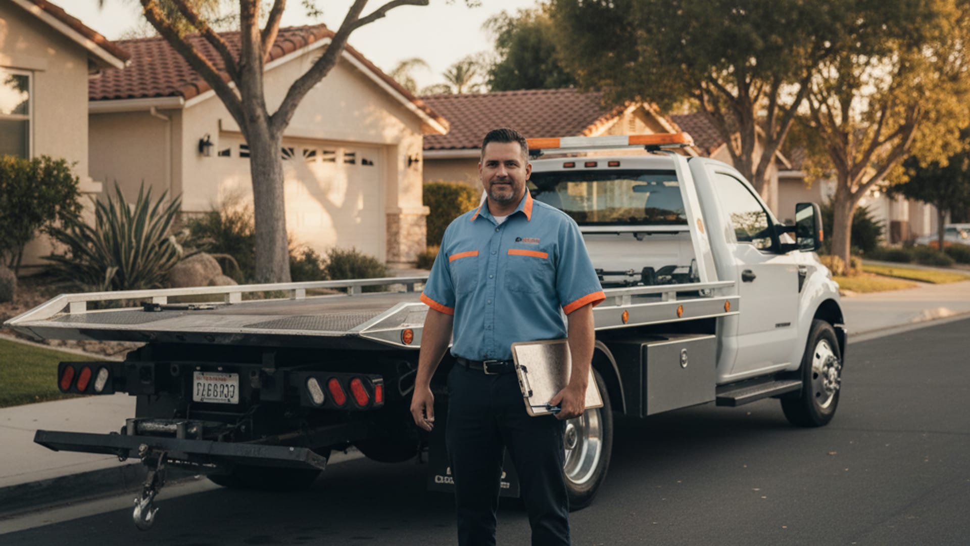 Quick Tow Springfield driver beside a flatbed rollback at golden hour in a Springfield MO residential neighborhood