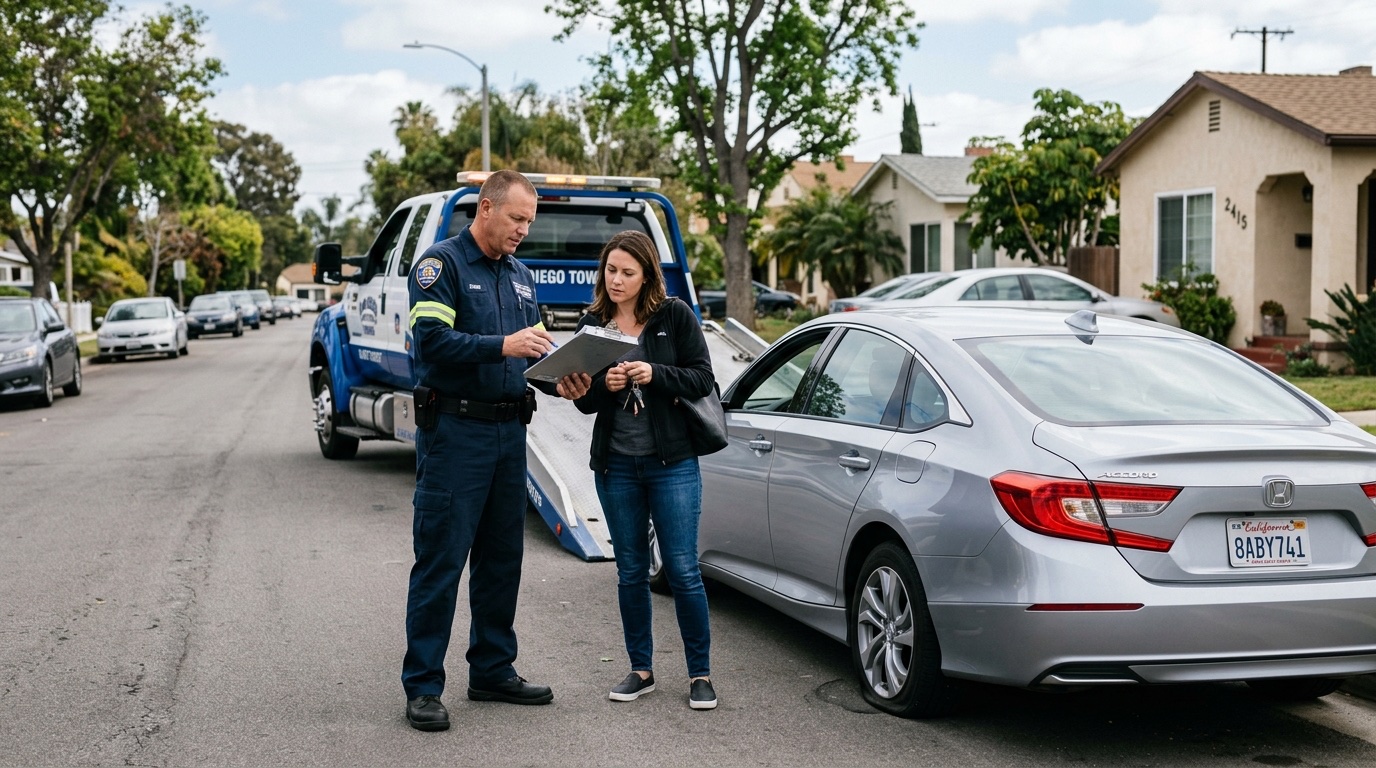 Springfield tow operator and customer discussing service options on a shoulder near the Kansas Expressway diverging diamond