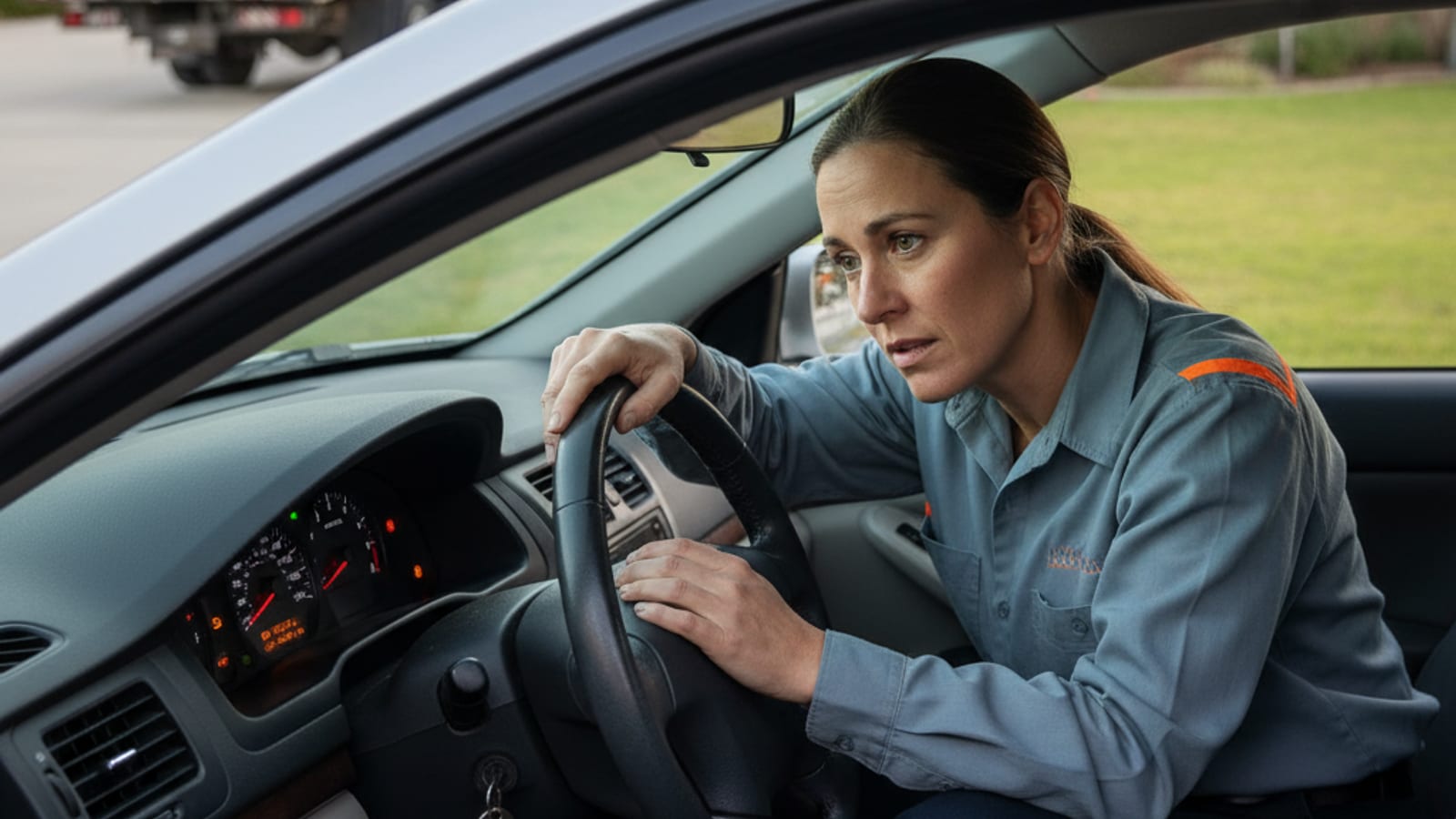 Driver checking dashboard warning lights on a parked car in a Springfield driveway
