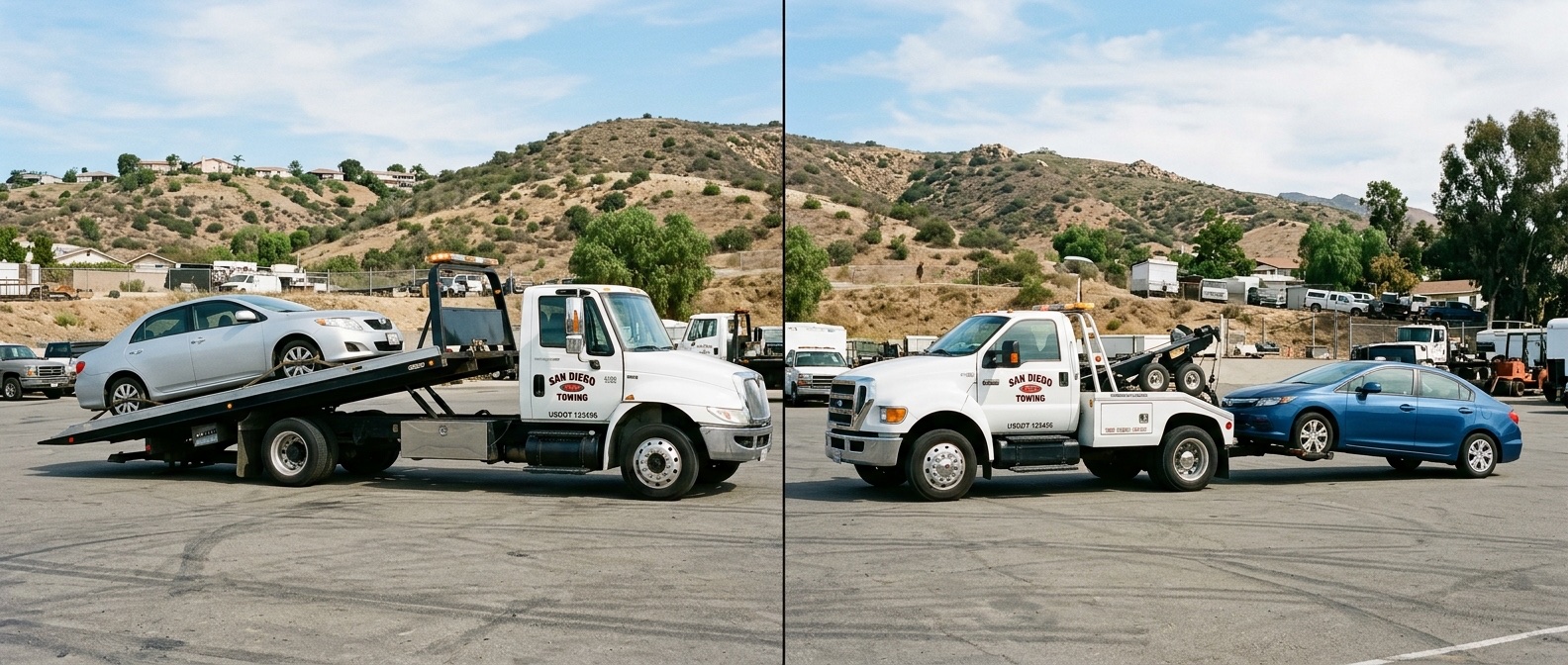 Side-by-side comparison of a flatbed tow truck and a wheel-lift tow truck loading vehicles in a Springfield service yard