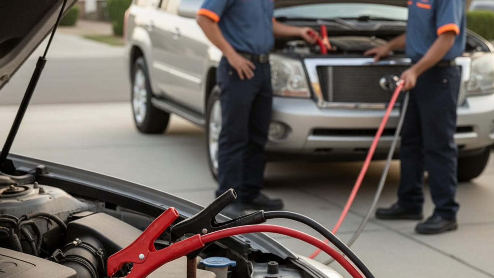 Close-up of jumper cables connected between two car batteries with the donor vehicle running in a Springfield driveway
