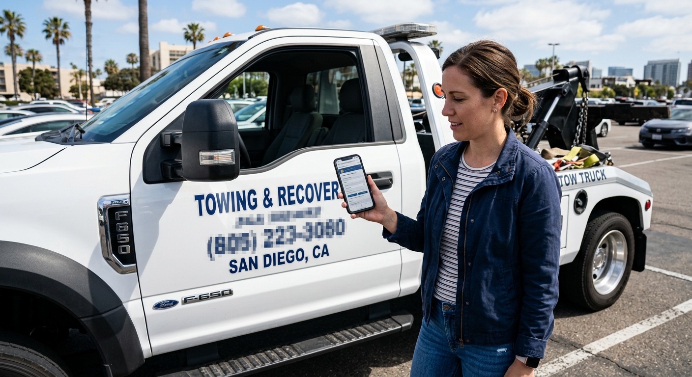 Customer checking a tow operator's credentials on a smartphone in a Springfield parking lot