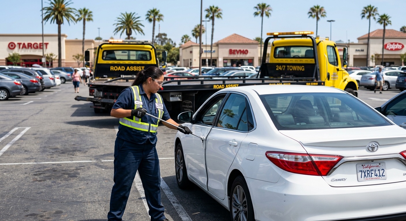 Quick Tow Springfield technician using a long-reach lockout tool to unlock a sedan in a South Springfield shopping center parking lot