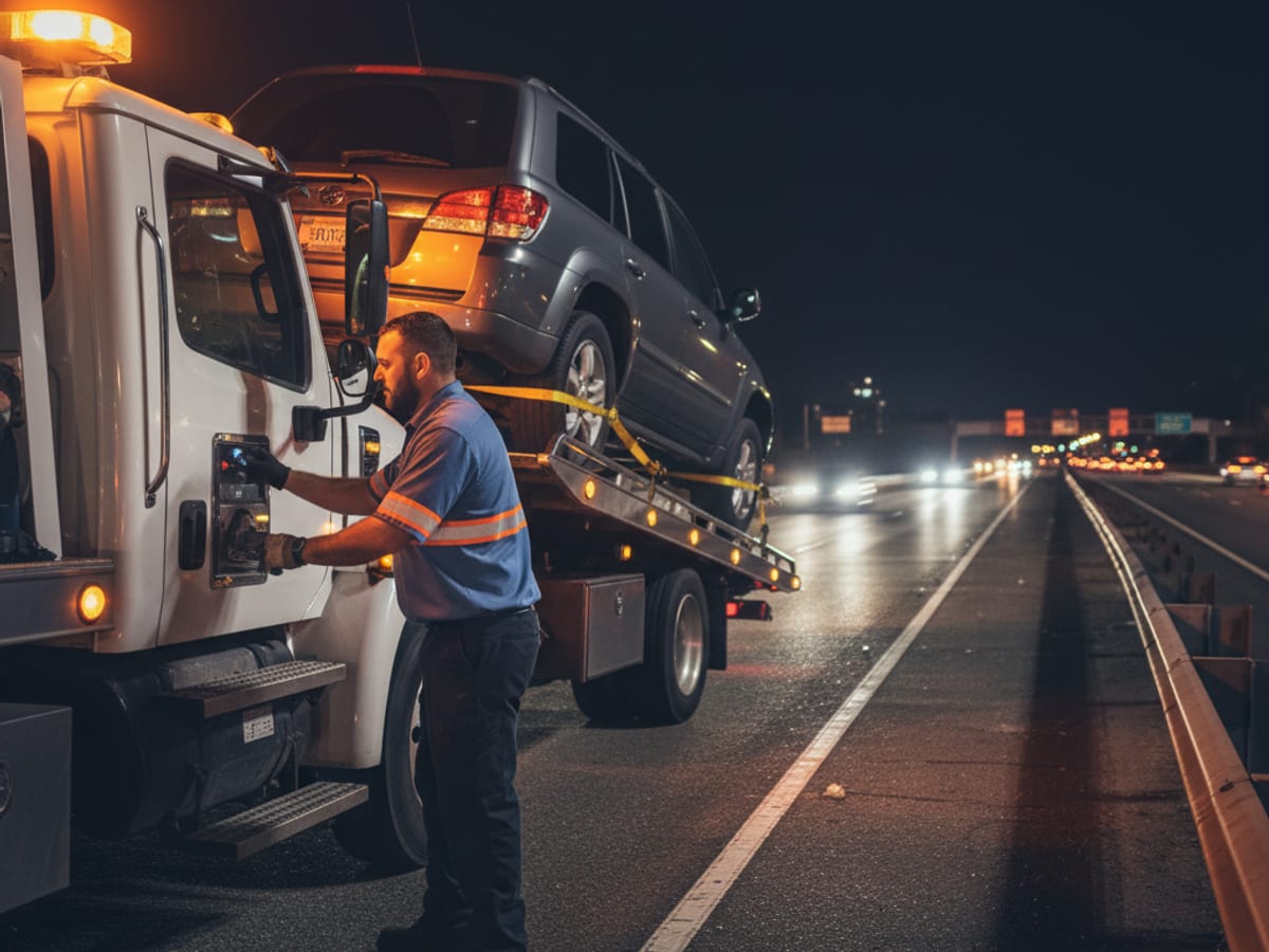 Quick Tow Springfield flatbed driver loading a disabled SUV on the I-44 shoulder at night