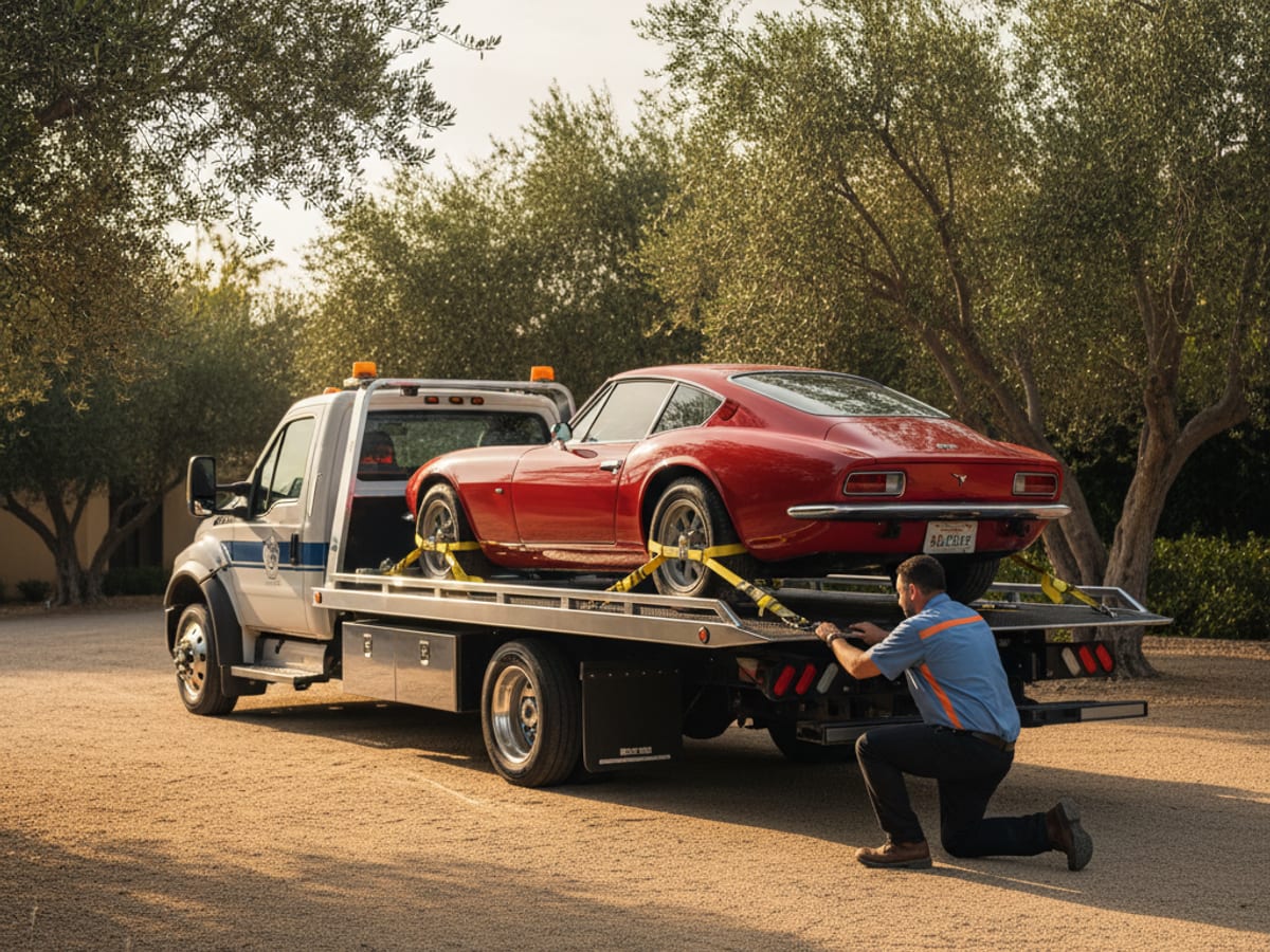 Quick Tow Springfield low-clearance flatbed carefully loading a classic Porsche with soft-tie wheel nets in Galloway