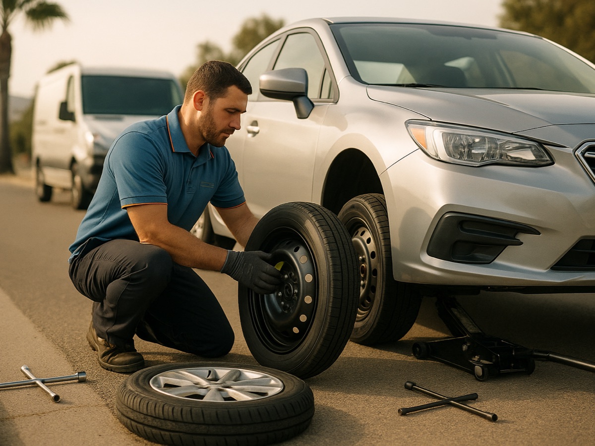 Quick Tow Springfield technician changing a flat tire for the spare on a vehicle pulled onto a Springfield street shoulder