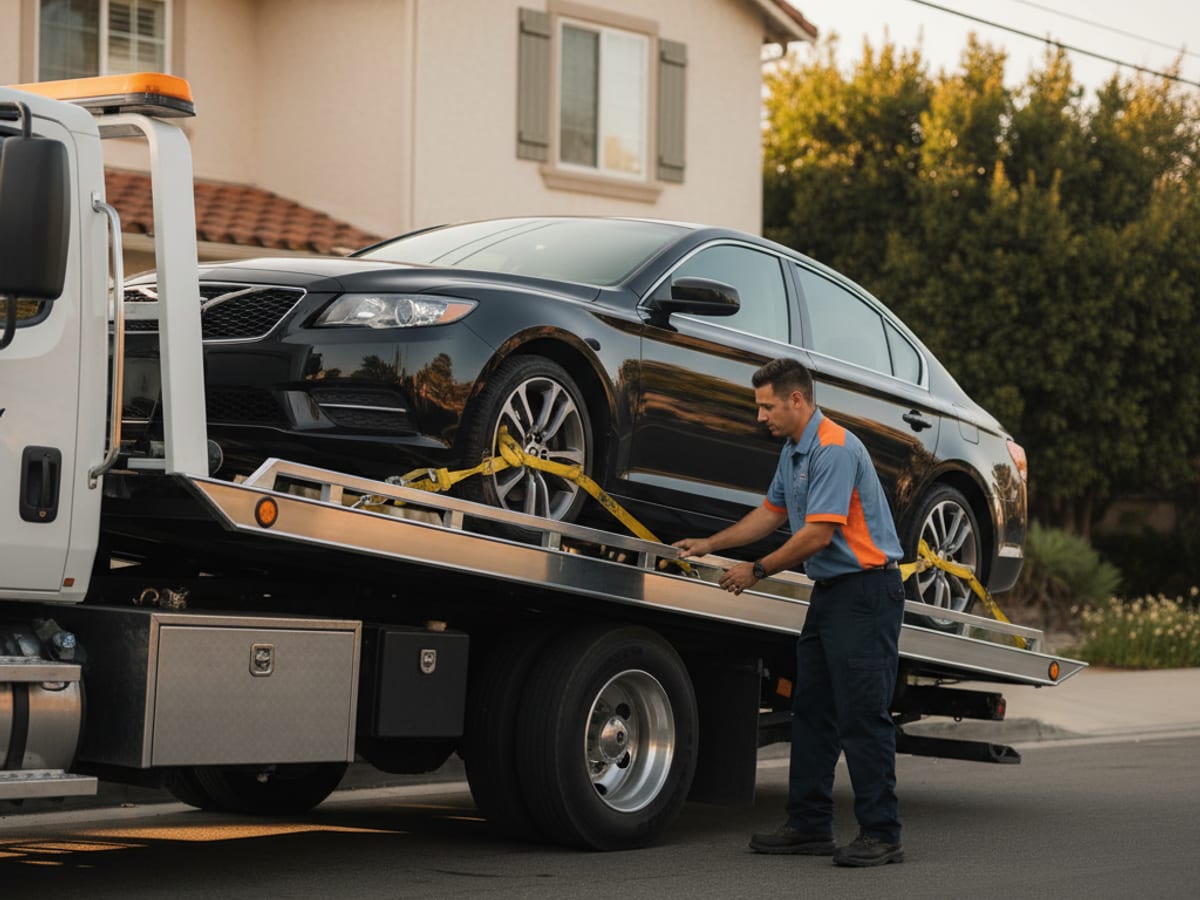 Quick Tow Springfield rollback flatbed loading a Tesla with soft straps on a Galloway residential street