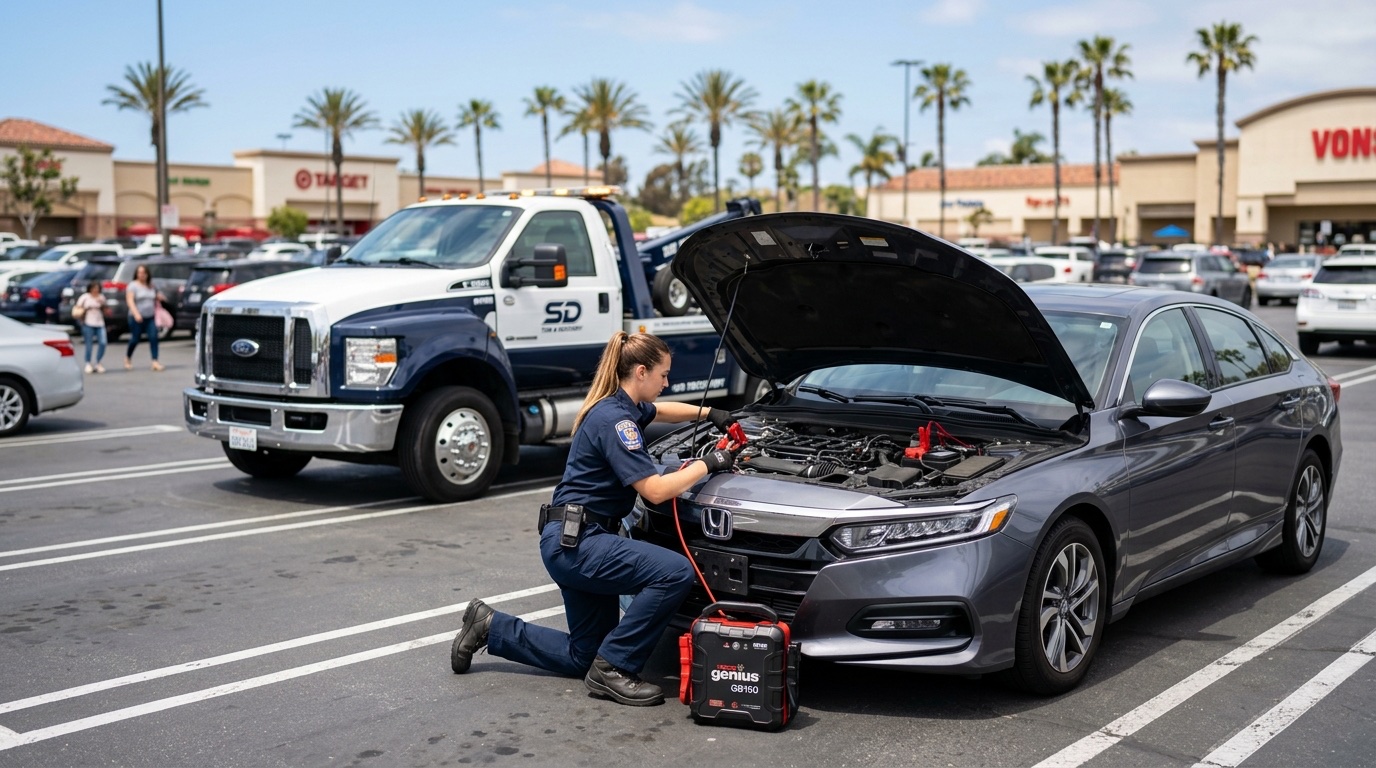 Quick Tow Springfield technician connecting a commercial jump pack to a dead battery in a Springfield parking lot during daylight