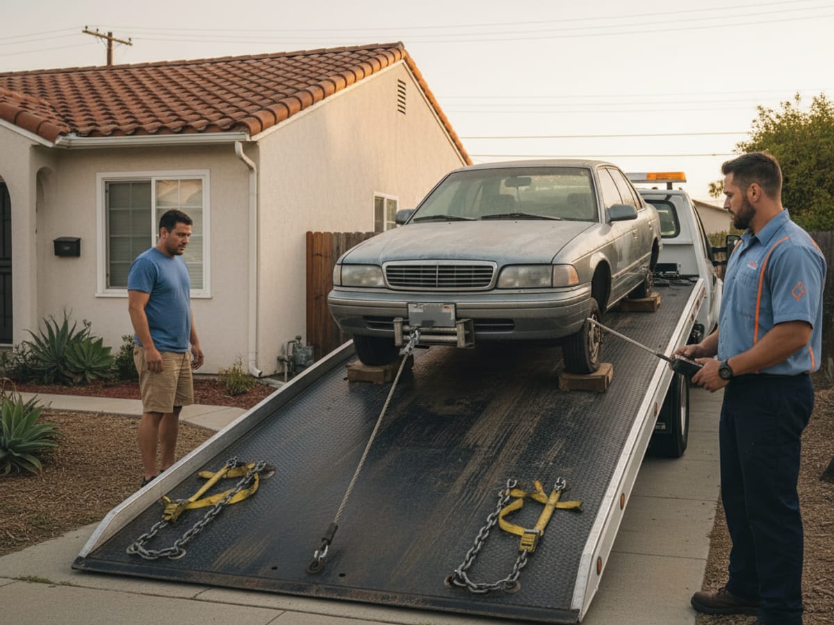 Quick Tow Springfield flatbed loading a non-running sedan from a South Springfield residential side yard