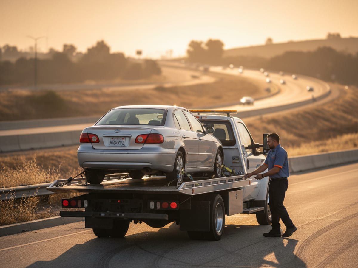 Quick Tow Springfield flatbed driver preparing for a long-distance interstate tow at sunrise near the I-44/US-65 interchange