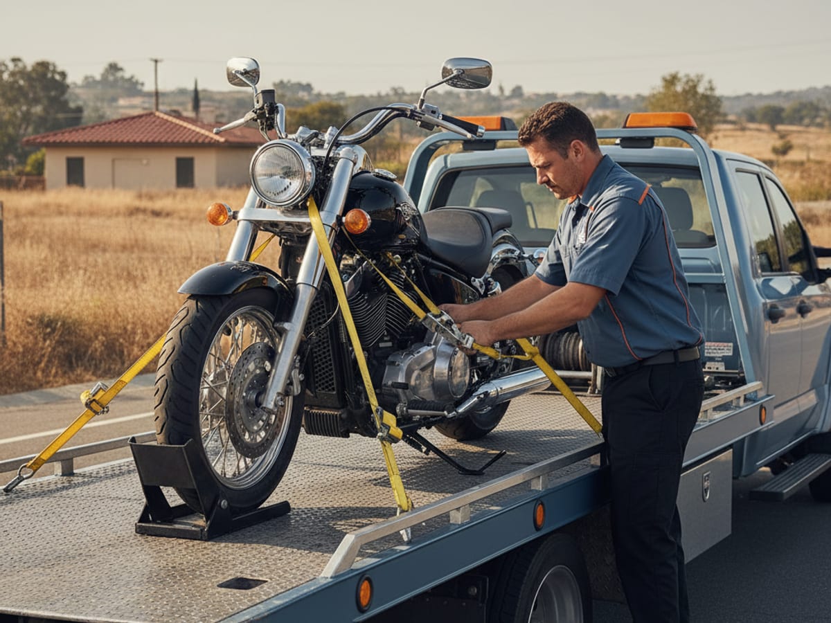 Quick Tow Springfield driver securing a Harley-Davidson cruiser on a low-deck flatbed near Park Central Square