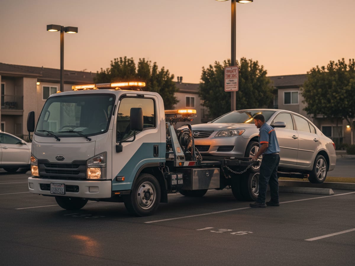 Quick Tow Springfield truck working a permit-parking apartment complex lot near MSU at dusk