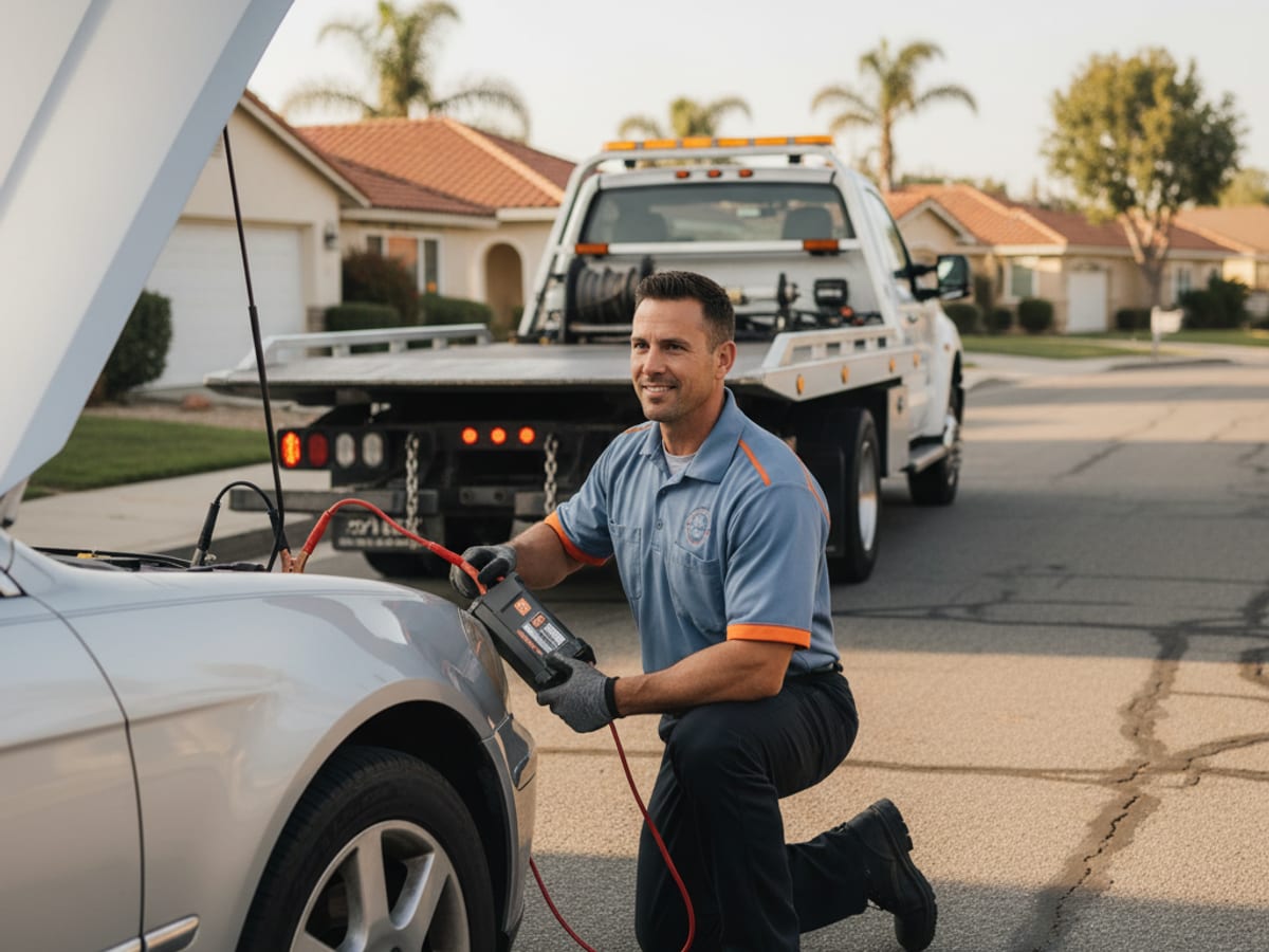 Quick Tow Springfield technician jump-starting a disabled car on a residential street near Galloway