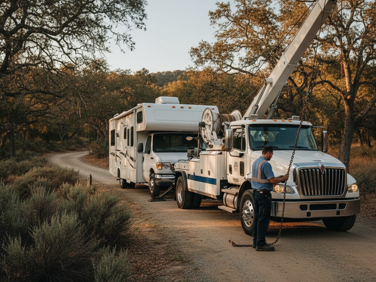 Quick Tow Springfield heavy wrecker towing a Class C RV from near the US-65 corridor into Branson