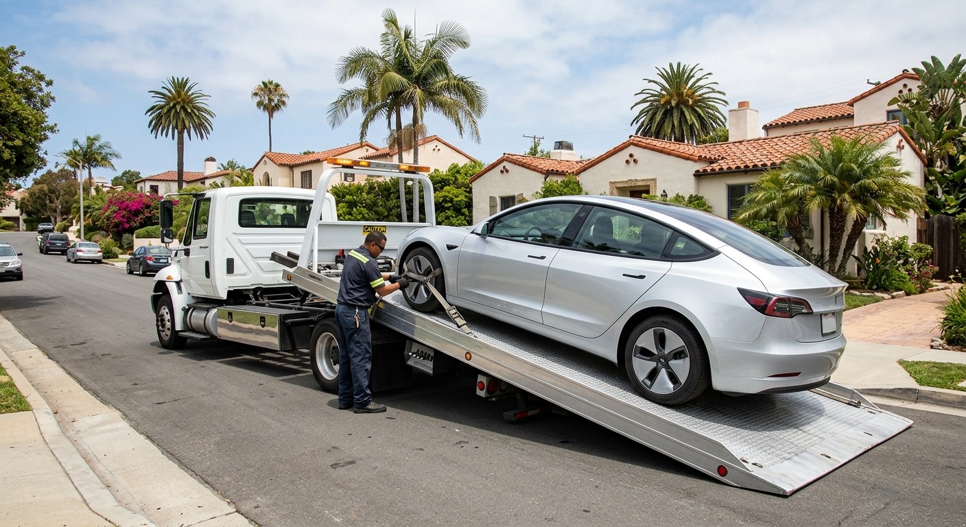 Quick Tow Springfield flatbed loading a Tesla Model 3 with soft straps in a South Springfield driveway, charge port closed and Transport Mode engaged