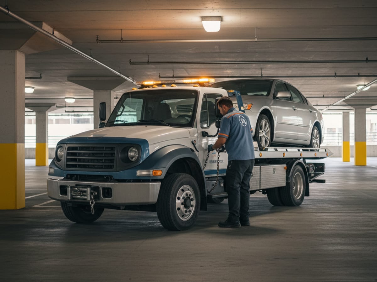 Quick Tow Springfield wheel-lift truck hooking a Honda sedan on a narrow Galloway side street